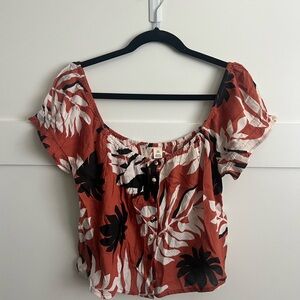 Roxy Brown and Orange Puff Sleeve Crop Blouse